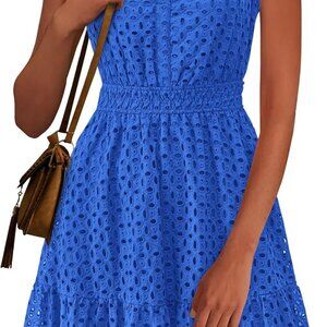 Women's Summer Dresses 2025 Sleeveless V Neck Eyelet Hollow Out Swing A Line Bea